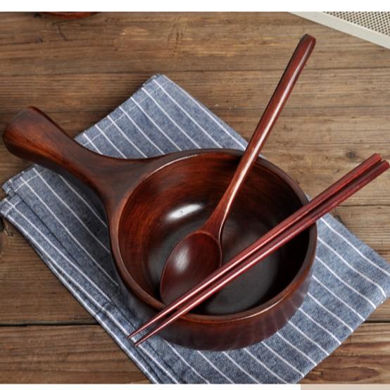 現貨超稀！全長28CM韓式整木復古超大泡麵碗+勺筷組 鐵紅拉麵碗泡菜碗實木餐具 長柄大碗麵碗把手手柄碗【CH222】-細節圖5