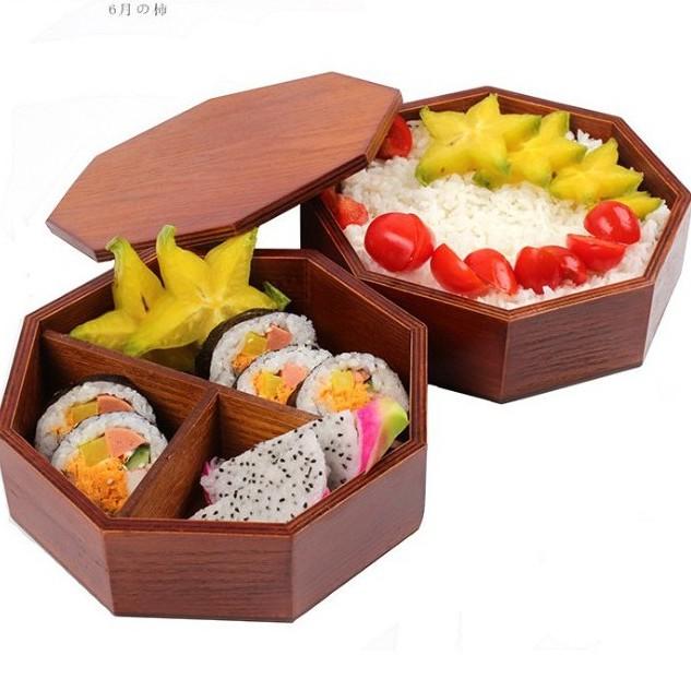 現貨稀！2L大容量精品雙層木飯盒~大容量日式木質壽司盒 創意八角形野餐盒實木便當盒【CH122】-細節圖3