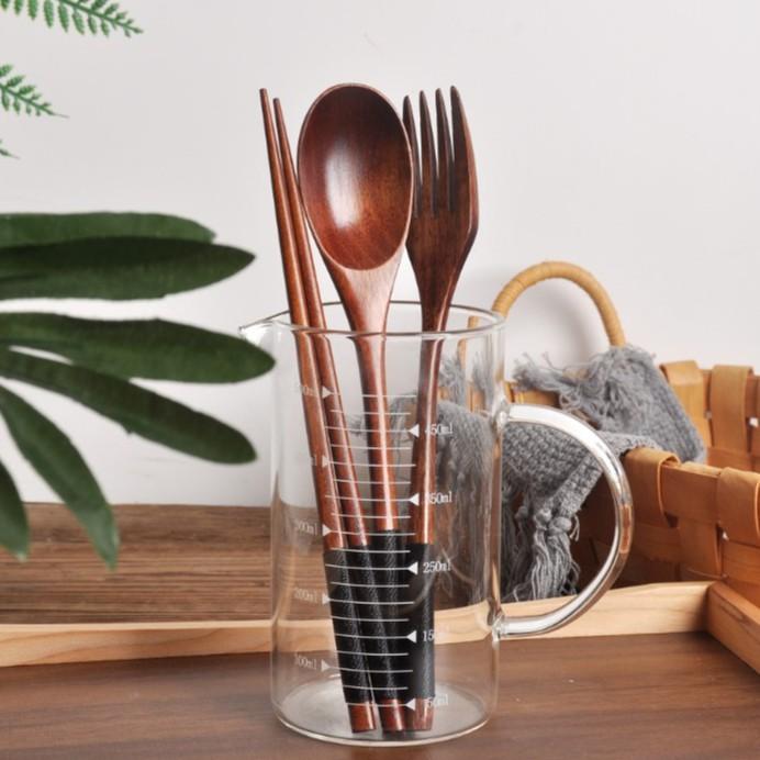 現貨！22.5cm四件套裝 日式纏線勺子叉子筷子長柄實木成人便攜勺叉筷餐具【CH229】-細節圖2