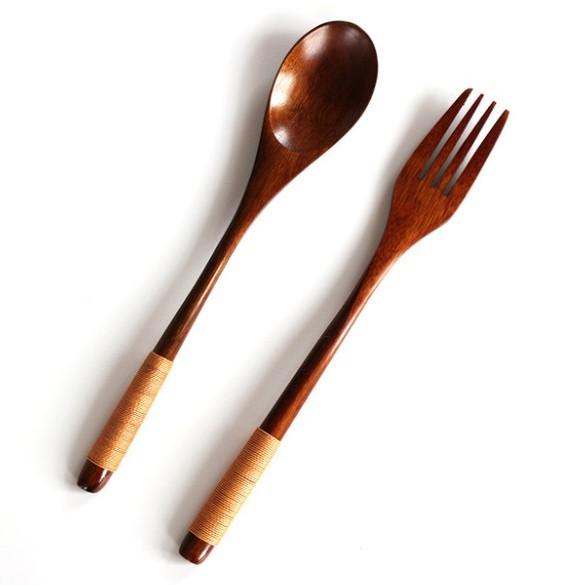 現貨！22.5cm四件套裝 日式纏線勺子叉子筷子長柄實木成人便攜勺叉筷餐具【CH229】-細節圖5