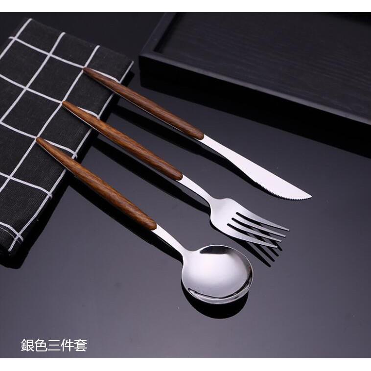 復古木紋拼接西餐具刀叉勺尖尾不銹鋼木紋手柄牛排刀叉鐵湯匙【CH417】-細節圖2