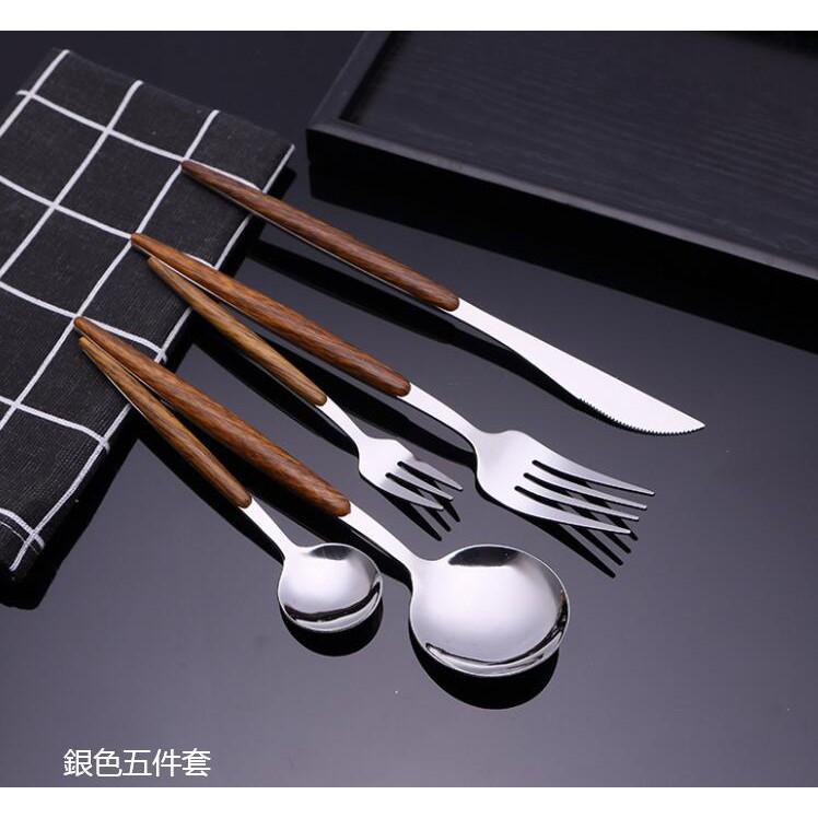 復古木紋拼接西餐具刀叉勺尖尾不銹鋼木紋手柄牛排刀叉鐵湯匙【CH417】-細節圖3