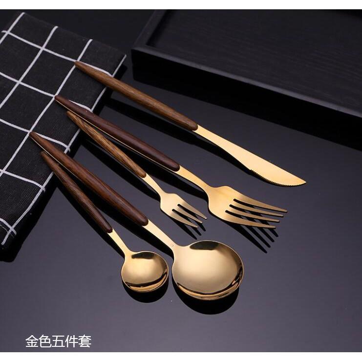 復古木紋拼接西餐具刀叉勺尖尾不銹鋼木紋手柄牛排刀叉鐵湯匙【CH417】-細節圖4