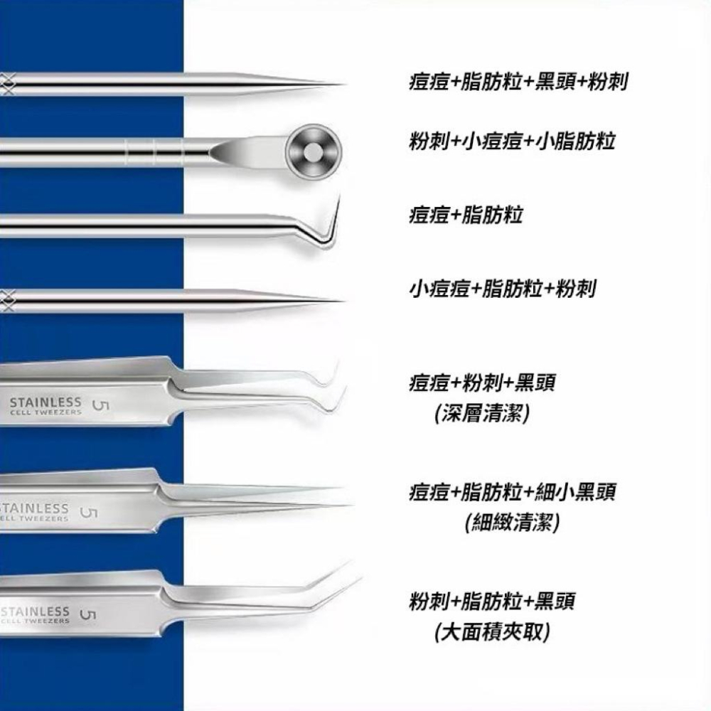 雙頭粉刺夾7件組 不鏽鋼粉刺夾 多功能粉刺夾 粉刺夾 彎型粉刺夾 直嘴夾 斜嘴夾 鑷子 小夾子 擠粉刺【G+ Life】-細節圖4