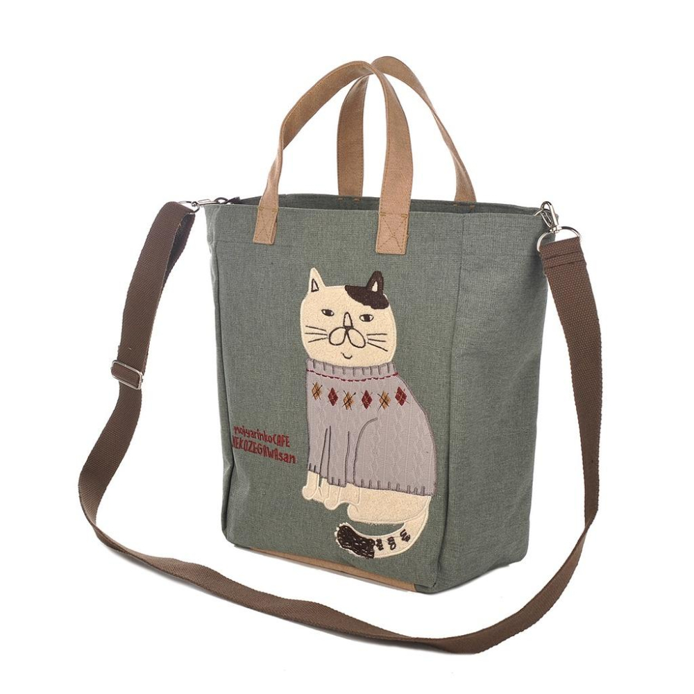 「 Kusuguru shippo 貓咪 ZEGAWA桑 兩用 托特包 側揹 側背 手提 綠 」★ Zammu日本雜貨-細節圖2