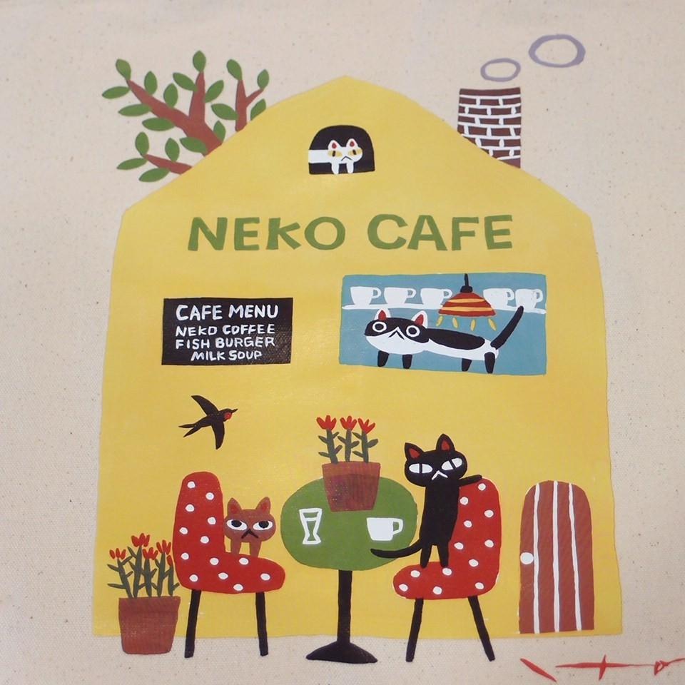 「 特價 日本彩畫家 糸井忠晴 帆布 托特袋 手提袋 肩背袋 肩揹袋 NEKO CAFE」★ Zammu日本雜貨-細節圖2