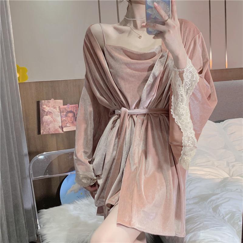 🎀(新品上市 限時特價)性感蕾絲金絲絨 超值二件式居家服 睡衣+睡袍套裝🎀-細節圖4