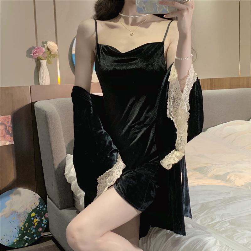 🎀(新品上市 限時特價)性感蕾絲金絲絨 超值二件式居家服 睡衣+睡袍套裝🎀-細節圖5