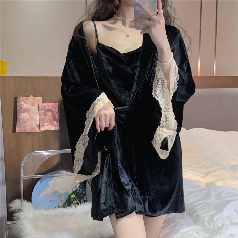 🎀(新品上市 限時特價)性感蕾絲金絲絨 超值二件式居家服 睡衣+睡袍套裝🎀-細節圖8