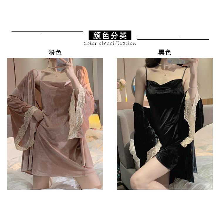 🎀(新品上市 限時特價)性感蕾絲金絲絨 超值二件式居家服 睡衣+睡袍套裝🎀-細節圖9