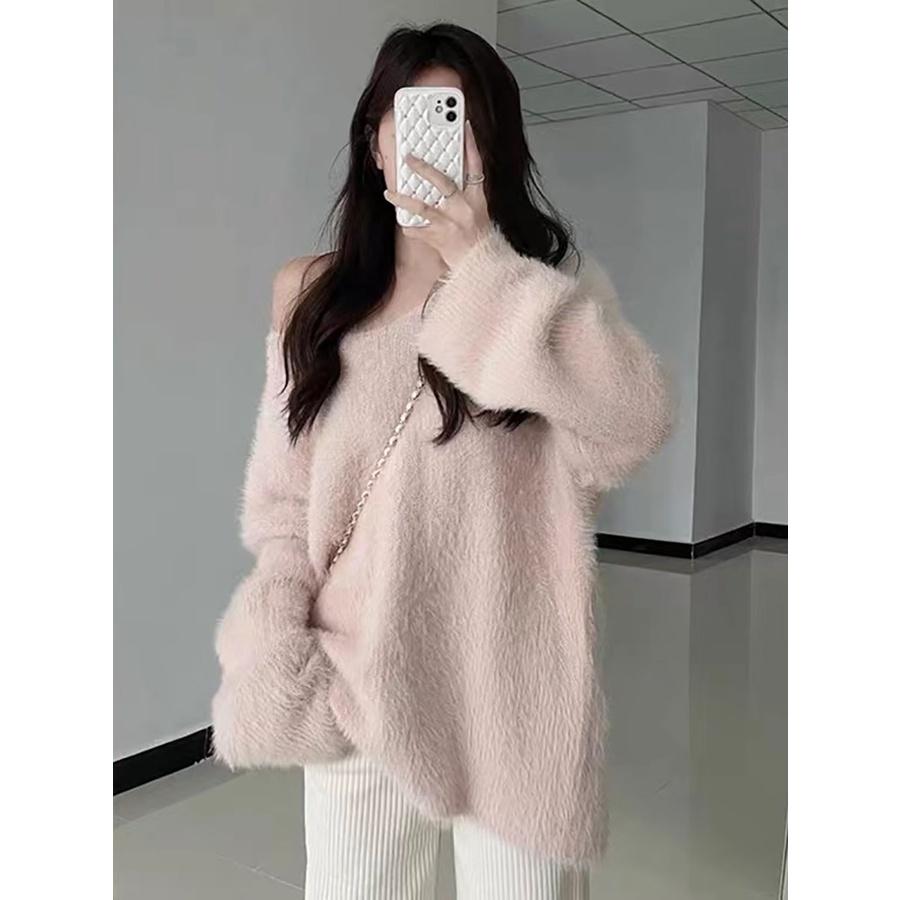 🎀(新品上市 限時特價)水貂绒暖呼呼休閒女孩 寬鬆寬領毛毛長版上衣🎀-細節圖2