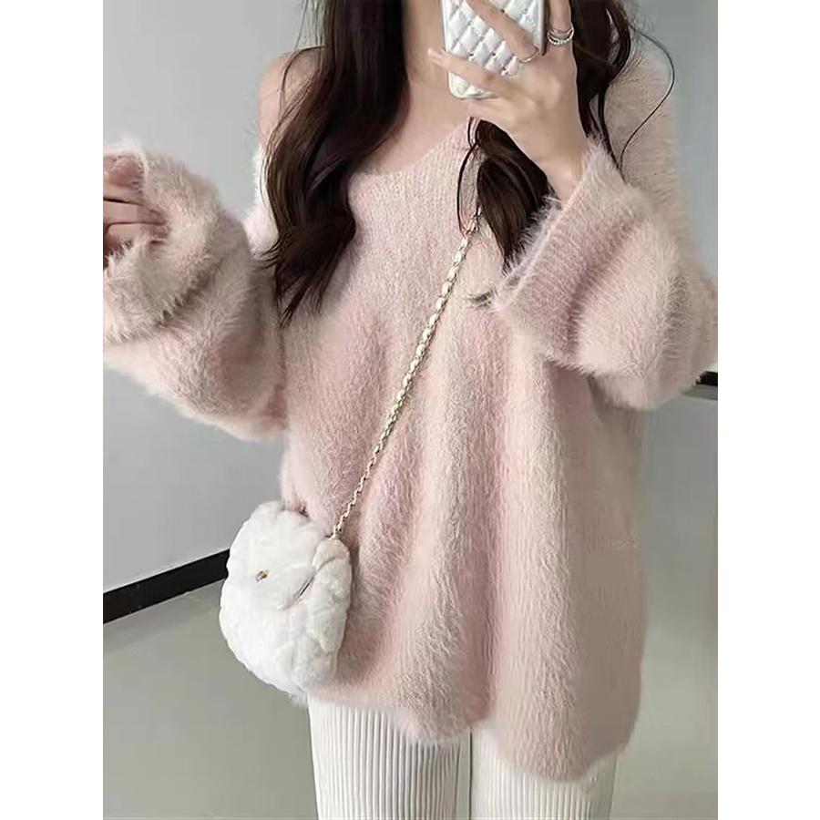 🎀(新品上市 限時特價)水貂绒暖呼呼休閒女孩 寬鬆寬領毛毛長版上衣🎀-細節圖3