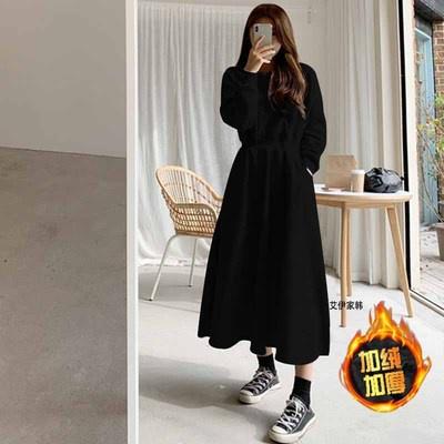 🎀(新品上市 現貨在台)內刷毛👍韓款運動風 連帽縮腰長洋裝 休閒洋裝🎀-細節圖3