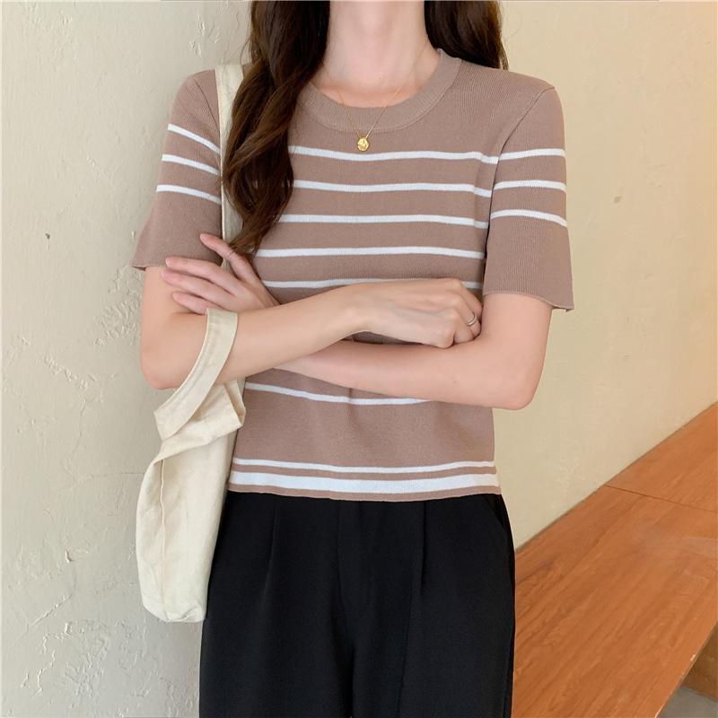 🎀(新品上市 限時特價)包色款超百搭 條紋圓領五分袖針上衣🎀-細節圖4