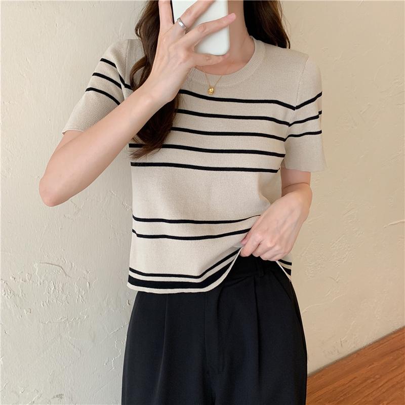 🎀(新品上市 限時特價)包色款超百搭 條紋圓領五分袖針上衣🎀-細節圖5