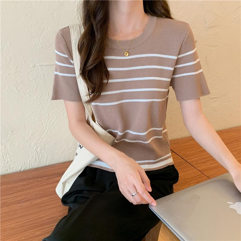 🎀(新品上市 限時特價)包色款超百搭 條紋圓領五分袖針上衣🎀-細節圖6