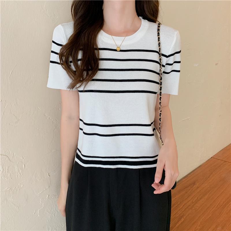 🎀(新品上市 限時特價)包色款超百搭 條紋圓領五分袖針上衣🎀-細節圖8