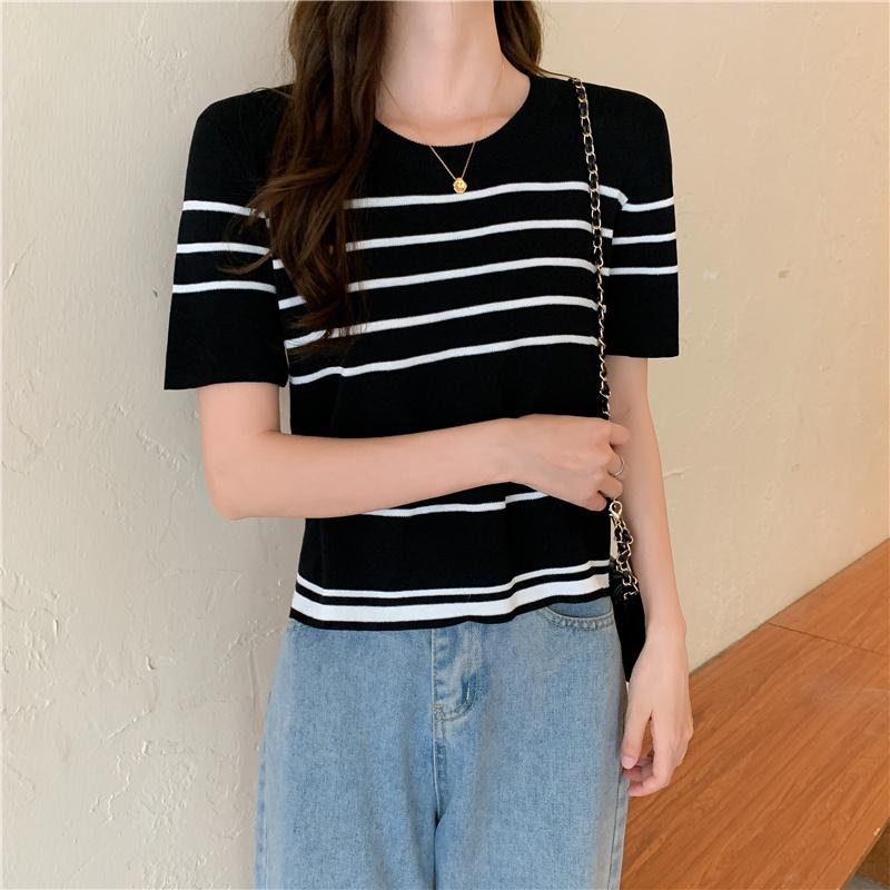 🎀(新品上市 限時特價)包色款超百搭 條紋圓領五分袖針上衣🎀-細節圖9