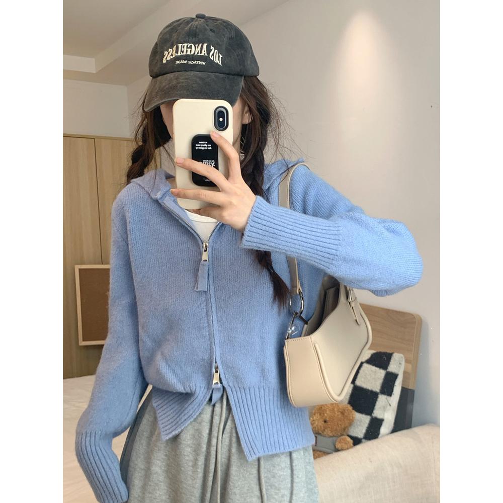 🎀韓版 女孩必收 連帽短版雙拉鍊針織衫 長袖上衣🎀-細節圖2