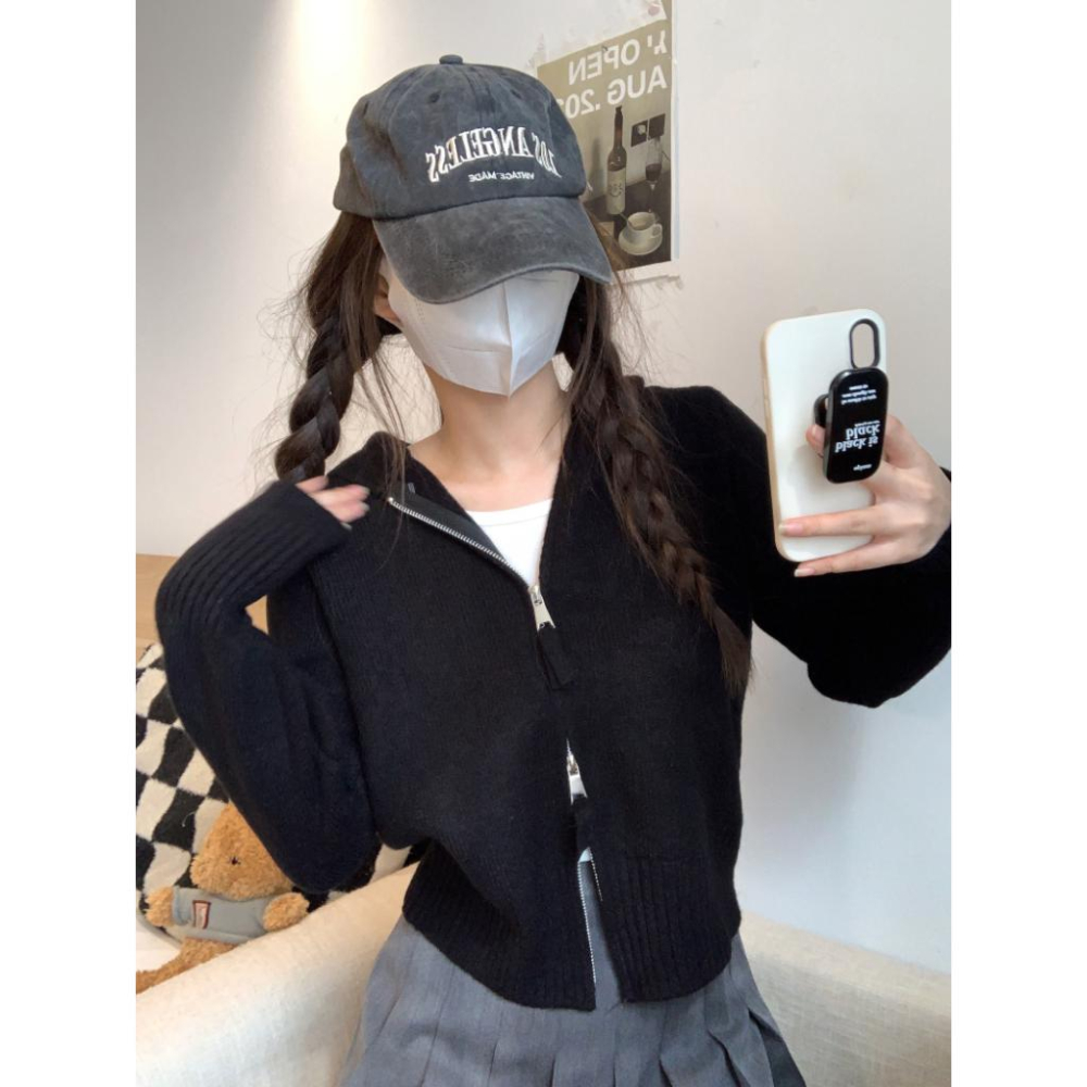 🎀韓版 女孩必收 連帽短版雙拉鍊針織衫 長袖上衣🎀-細節圖3