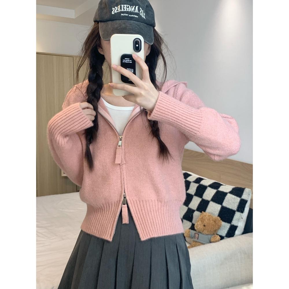 🎀韓版 女孩必收 連帽短版雙拉鍊針織衫 長袖上衣🎀-細節圖4