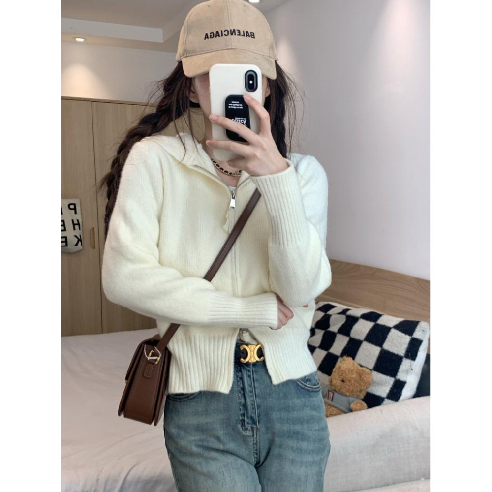 🎀韓版 女孩必收 連帽短版雙拉鍊針織衫 長袖上衣🎀-細節圖6