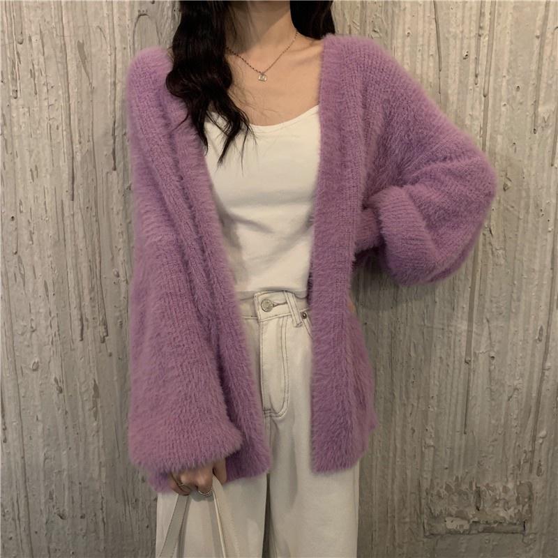 🎀(新品上市 限時特價)尖叫~必收溫柔女孩 寬鬆水貂绒毛衣針織外套🎀-細節圖7