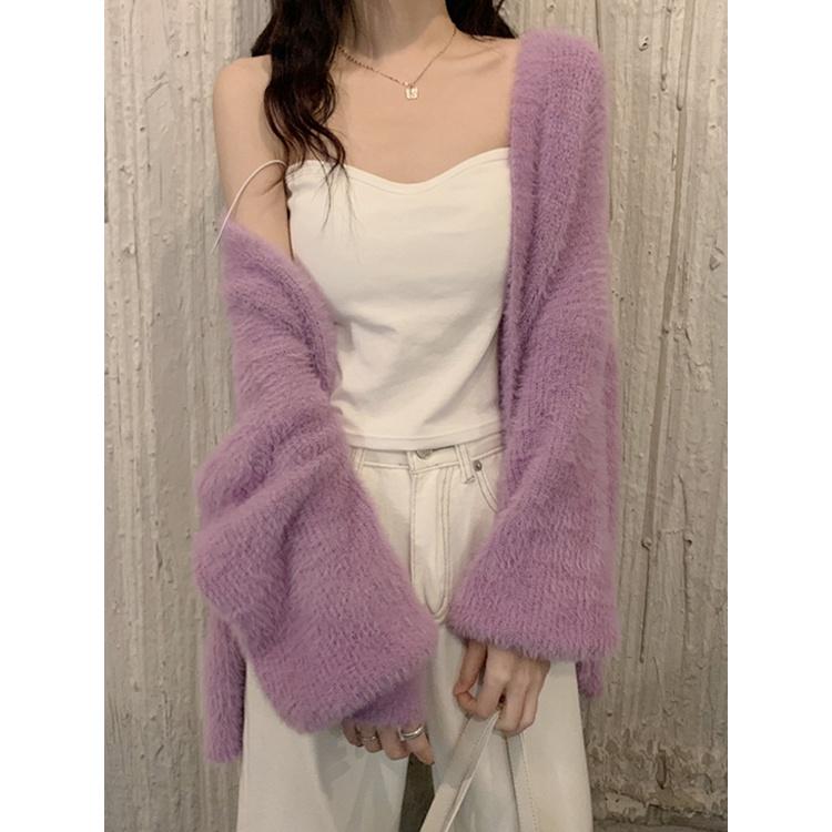 🎀(新品上市 限時特價)尖叫~必收溫柔女孩 寬鬆水貂绒毛衣針織外套🎀-細節圖8