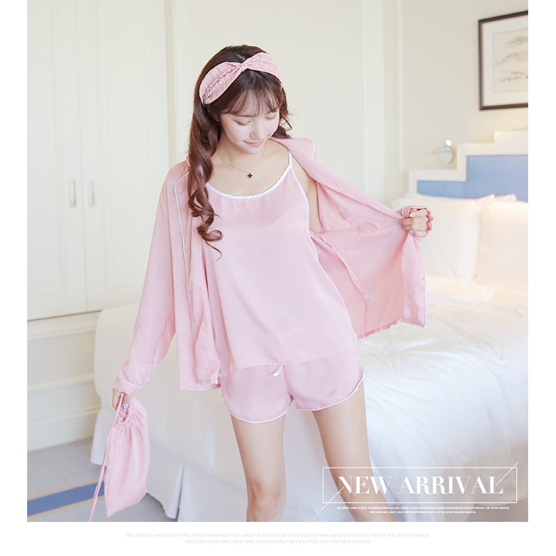 🎀日韓甜美可愛 實穿 進口絲綢睡衣 七件式家居服(四色)🎀-細節圖6