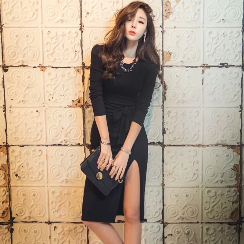 🎀名媛氣質 性感女神 金秘書開叉合身洋裝 長裙 長洋 連衣裙 長袖洋裝 圓領洋裝🎀-細節圖3