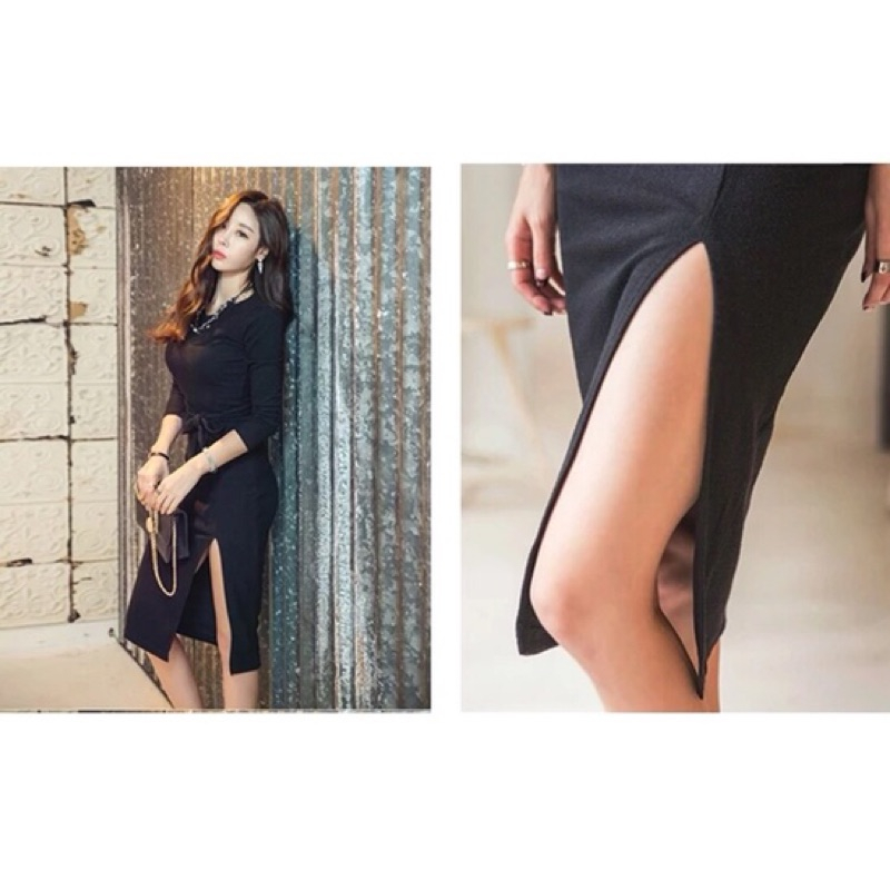 🎀名媛氣質 性感女神 金秘書開叉合身洋裝 長裙 長洋 連衣裙 長袖洋裝 圓領洋裝🎀-細節圖5