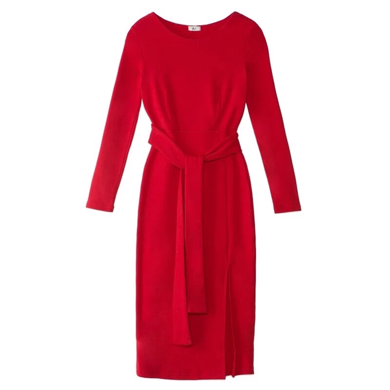 🎀名媛氣質 性感女神 金秘書開叉合身洋裝 長裙 長洋 連衣裙 長袖洋裝 圓領洋裝🎀-細節圖6