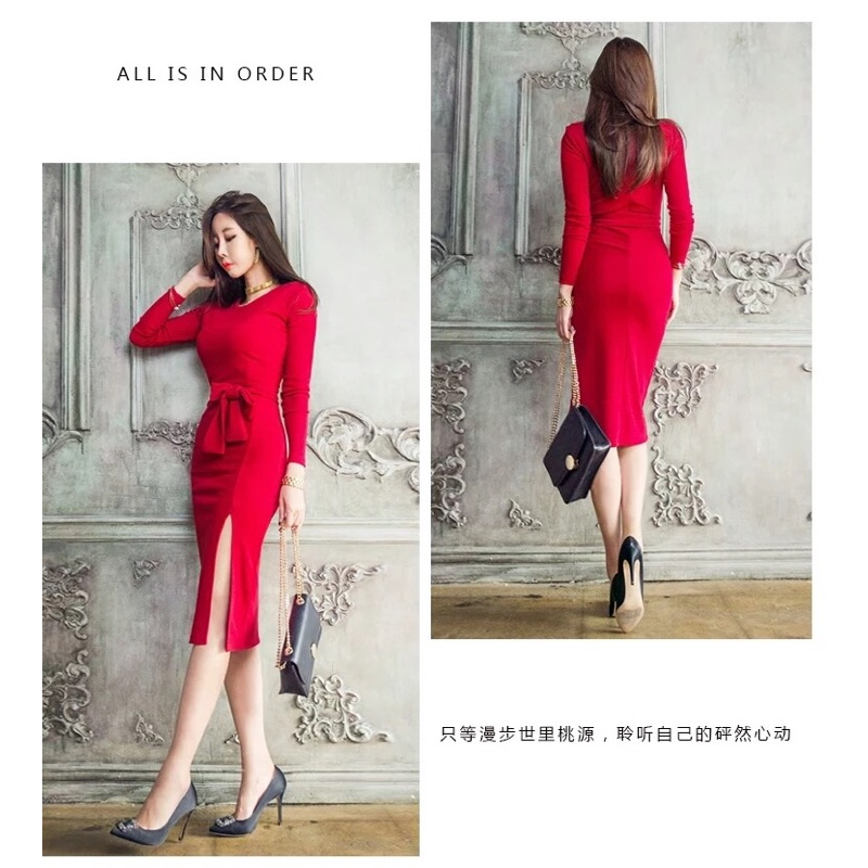 🎀名媛氣質 性感女神 金秘書開叉合身洋裝 長裙 長洋 連衣裙 長袖洋裝 圓領洋裝🎀-細節圖9