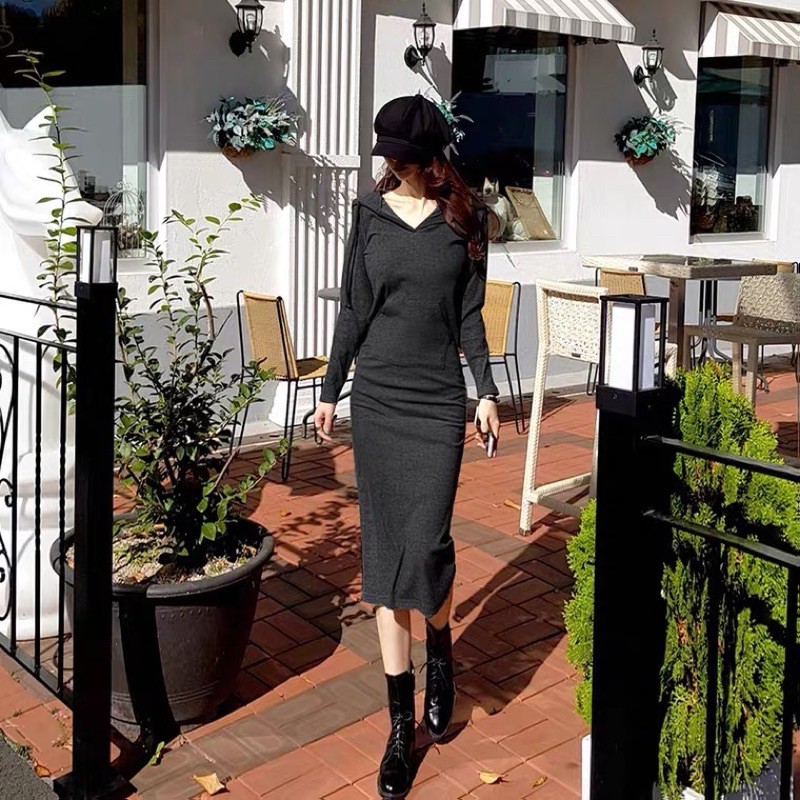 🎀(新品上市 限時特價)休閒女孩 連帽合身長袖長洋裝🎀-細節圖3