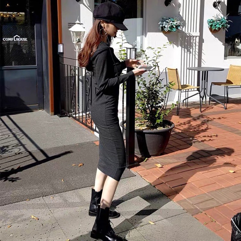 🎀(新品上市 限時特價)休閒女孩 連帽合身長袖長洋裝🎀-細節圖4