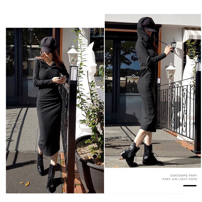 🎀(新品上市 限時特價)休閒女孩 連帽合身長袖長洋裝🎀-細節圖8