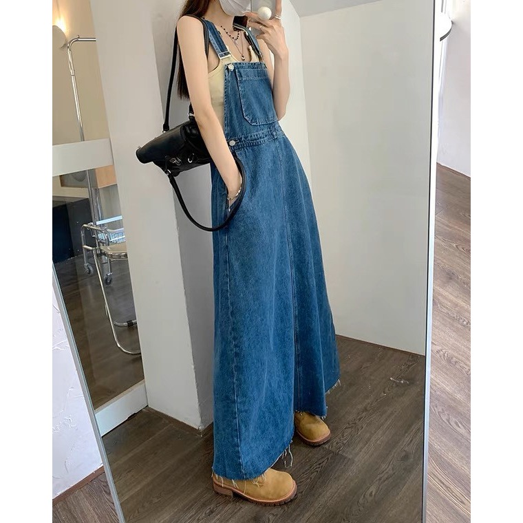 🎀(前十件特價399)復古牛仔毛邊寬鬆顯瘦 吊帶裙 背心裙 韓版設計 牛仔裙 連身裙 長款洋裝 百搭實穿 街頭 洋裝-細節圖2