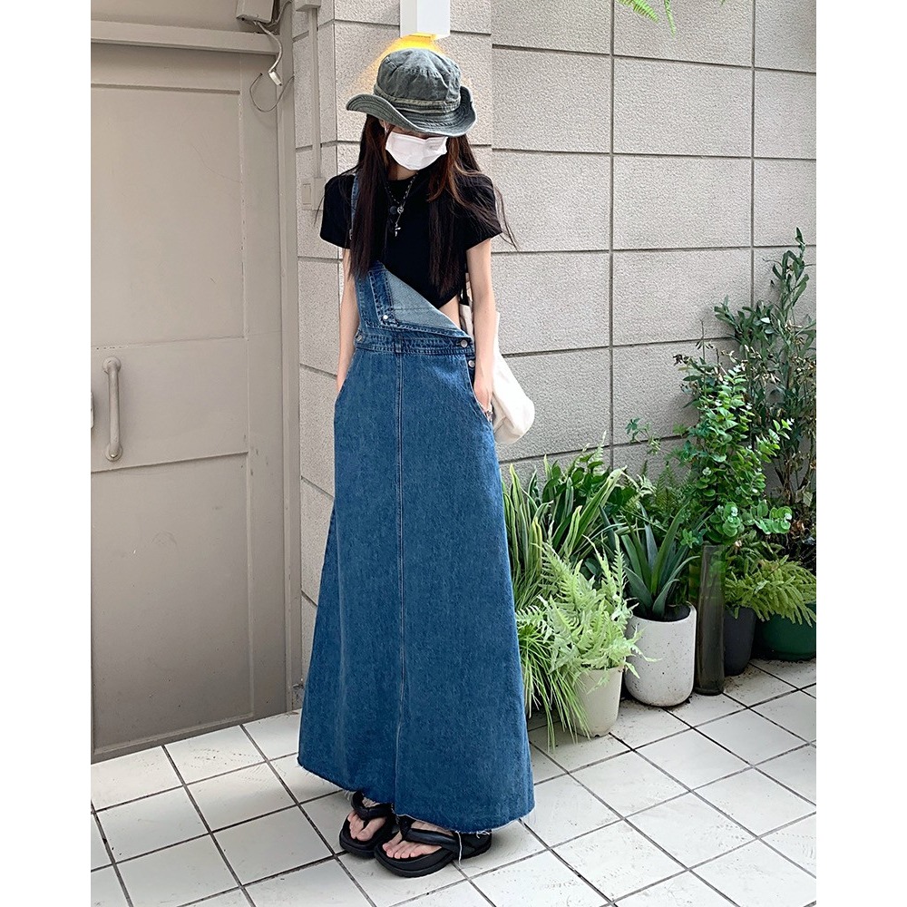 🎀(前十件特價399)復古牛仔毛邊寬鬆顯瘦 吊帶裙 背心裙 韓版設計 牛仔裙 連身裙 長款洋裝 百搭實穿 街頭 洋裝-細節圖5