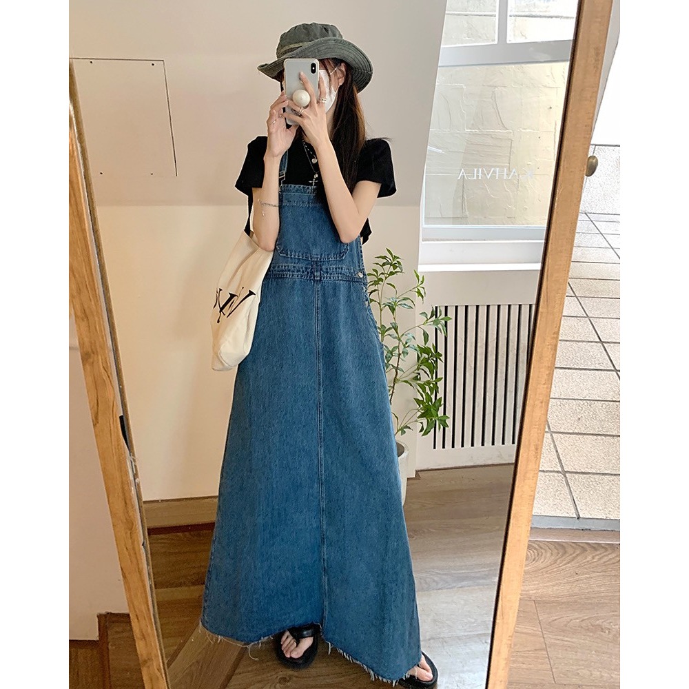 🎀(前十件特價399)復古牛仔毛邊寬鬆顯瘦 吊帶裙 背心裙 韓版設計 牛仔裙 連身裙 長款洋裝 百搭實穿 街頭 洋裝-細節圖6