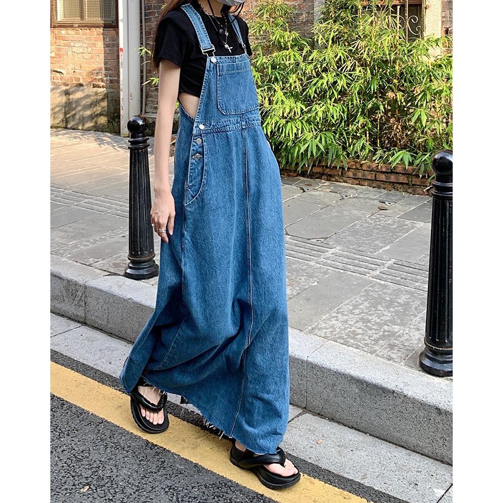 🎀(前十件特價399)復古牛仔毛邊寬鬆顯瘦 吊帶裙 背心裙 韓版設計 牛仔裙 連身裙 長款洋裝 百搭實穿 街頭 洋裝-細節圖7