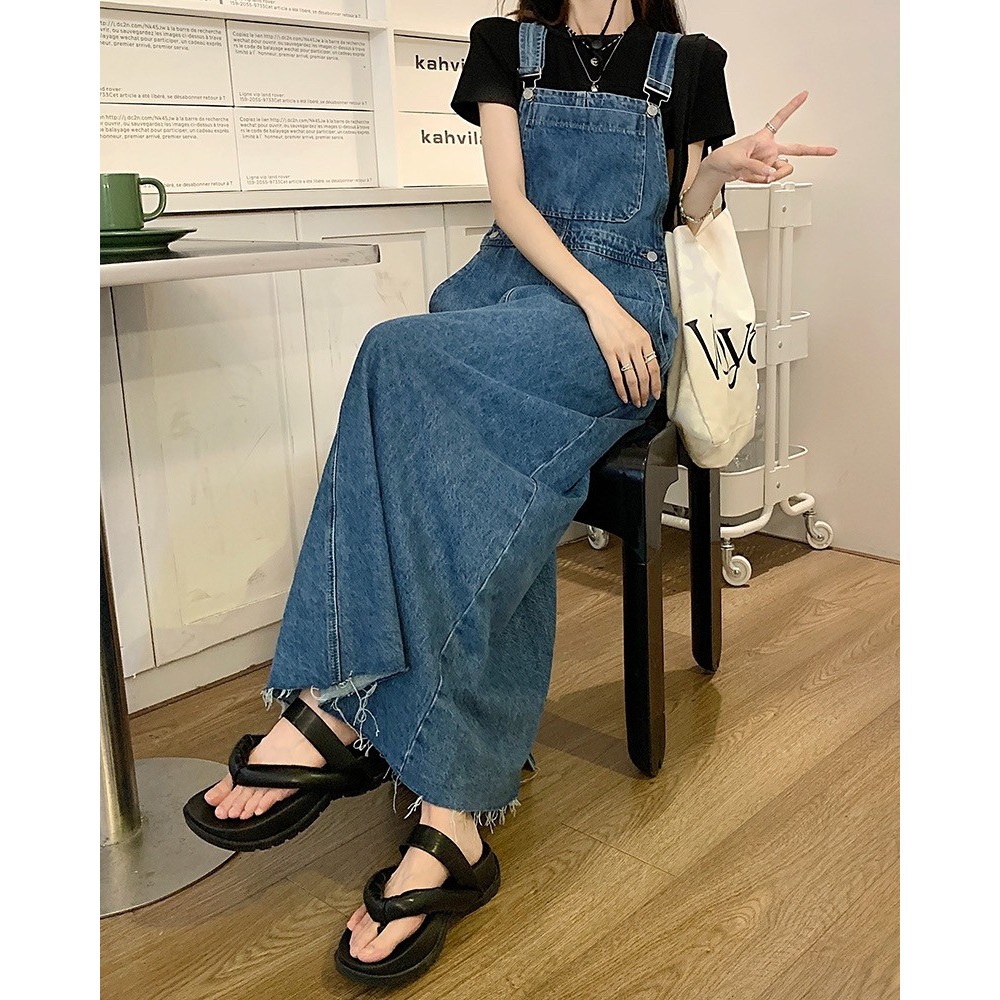 🎀(前十件特價399)復古牛仔毛邊寬鬆顯瘦 吊帶裙 背心裙 韓版設計 牛仔裙 連身裙 長款洋裝 百搭實穿 街頭 洋裝-細節圖8