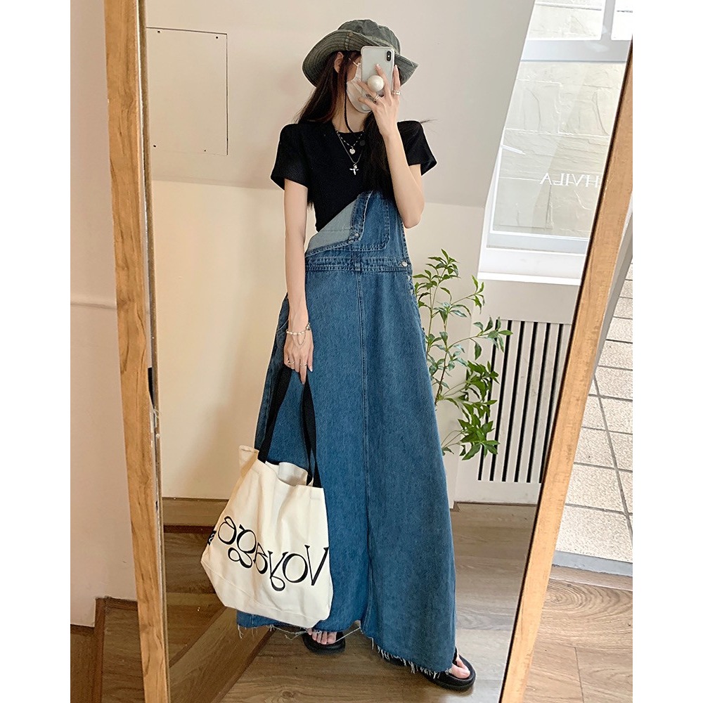 🎀(前十件特價399)復古牛仔毛邊寬鬆顯瘦 吊帶裙 背心裙 韓版設計 牛仔裙 連身裙 長款洋裝 百搭實穿 街頭 洋裝-細節圖9