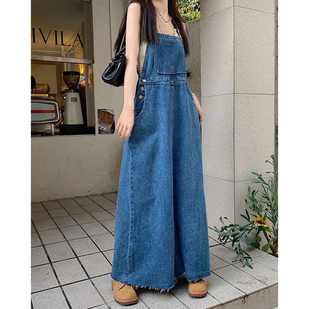 🎀(前十件特價399)復古牛仔毛邊寬鬆顯瘦 吊帶裙 背心裙 韓版設計 牛仔裙 連身裙 長款洋裝 百搭實穿 街頭 洋裝-細節圖11