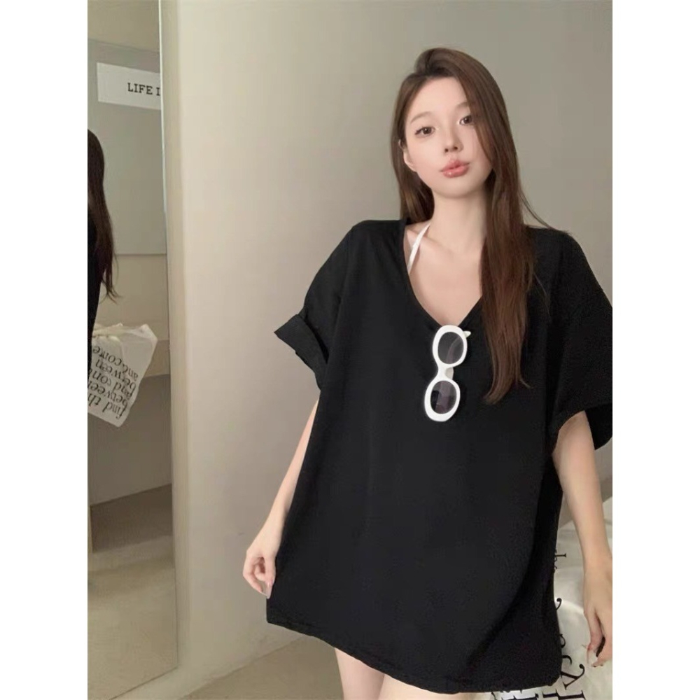 💕韓版素色 寬鬆 下半身失踨 寬領短袖T恤 大碼女生可穿 純慾多巴胺💕-細節圖4