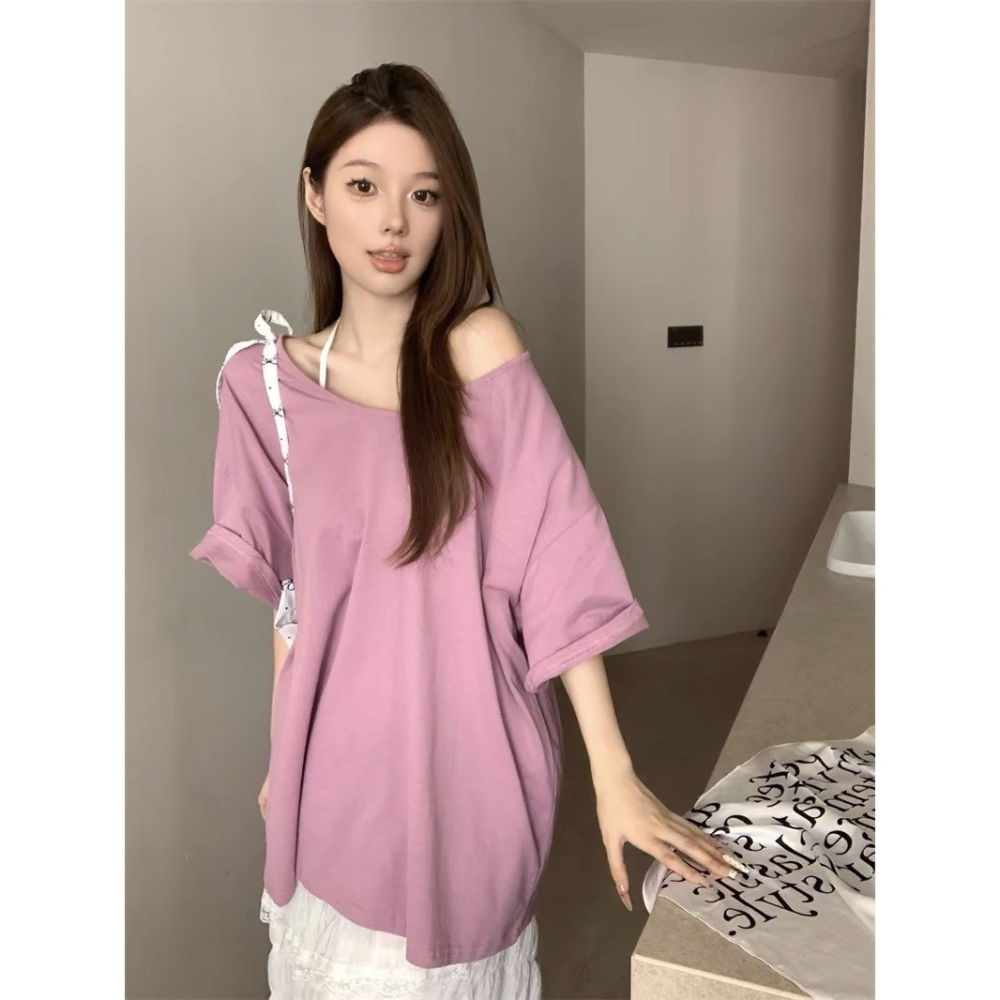 💕韓版素色 寬鬆 下半身失踨 寬領短袖T恤 大碼女生可穿 純慾多巴胺💕-細節圖9