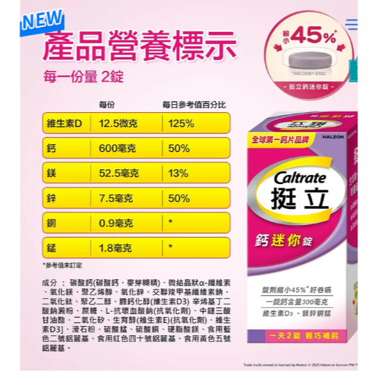 280錠 挺立鈣迷你錠 70錠 X 4入 含維生素D3 添加鎂鋅銅錳 全球第一鈣片品牌 錠劑縮小45%，好吞嚥, 每錠鈣-細節圖2