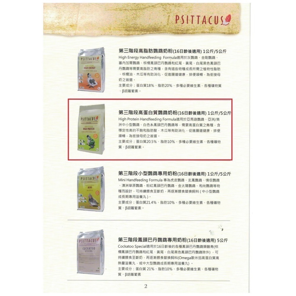 <北站鳥園>帕特PSITTACUS / 第三階段高蛋白質鸚鵡奶粉 / 1公斤-細節圖3