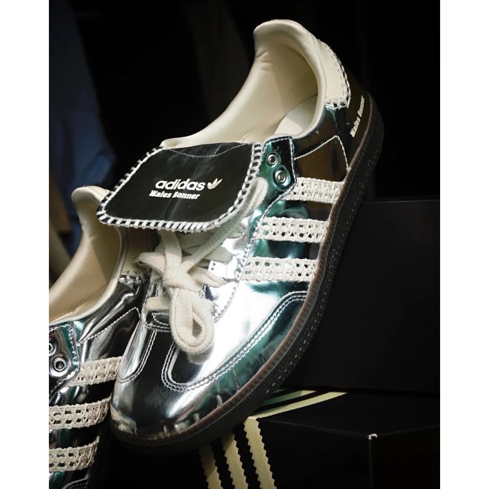 👟adidas X WALES BONNER 聯名款休閒鞋 銀白色｜液態銀｜銀色｜蕾絲｜咖啡底｜皮革｜平底鞋｜男女通用-細節圖2