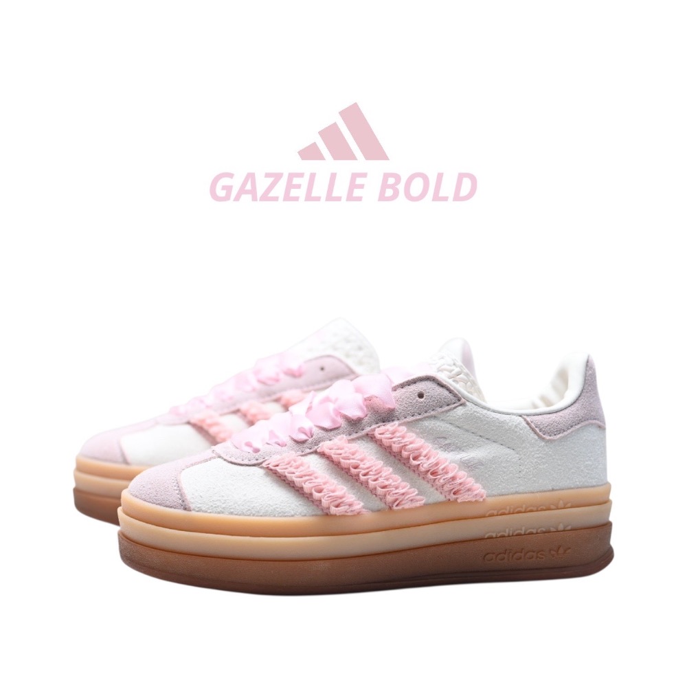 👟adidas GAZELLE BOLD休閒鞋 奶油櫻花粉色｜奶油色｜櫻花粉｜粉紅色｜焦糖底｜緞帶｜麂皮｜厚底｜平底鞋-細節圖8