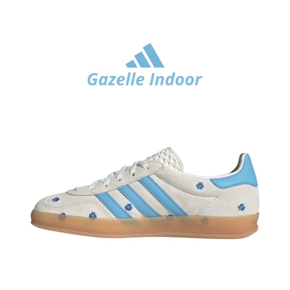 👟adidas Gazelle Indoor 休閒鞋 天空藍白色｜天空藍色｜白色｜奶茶底｜花朵｜刺繡｜皮革｜麂皮｜平底-細節圖10